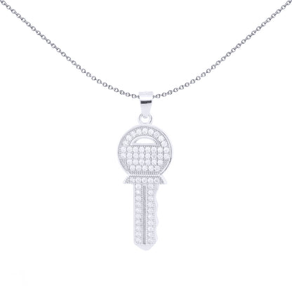 Silver  Round CZ Encrusted Yale Key to my Heart Charm Pendant - APD209