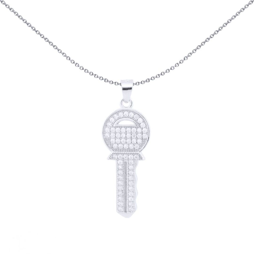 Silver  Round CZ Encrusted Yale Key to my Heart Charm Pendant - APD209