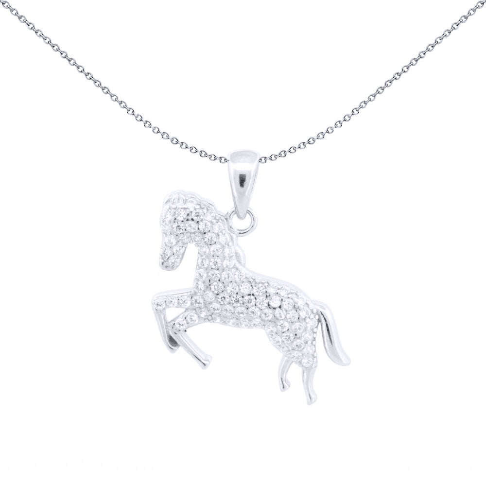 Silver  Round CZ Galloping Jumping Horse Charm Pendant - APD210