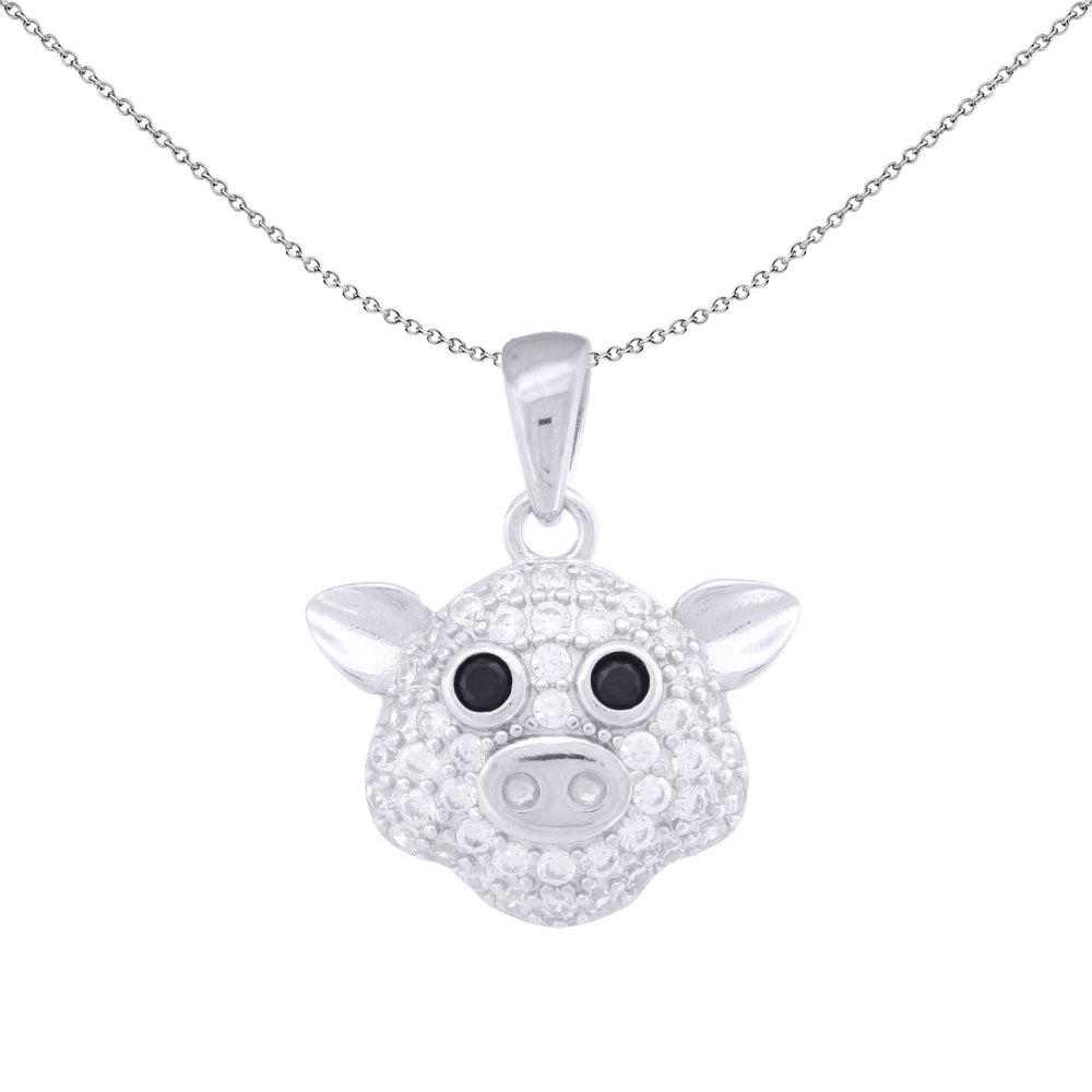 Silver  Black CZ Encrusted Little Piggy Charm Pendant - APD221