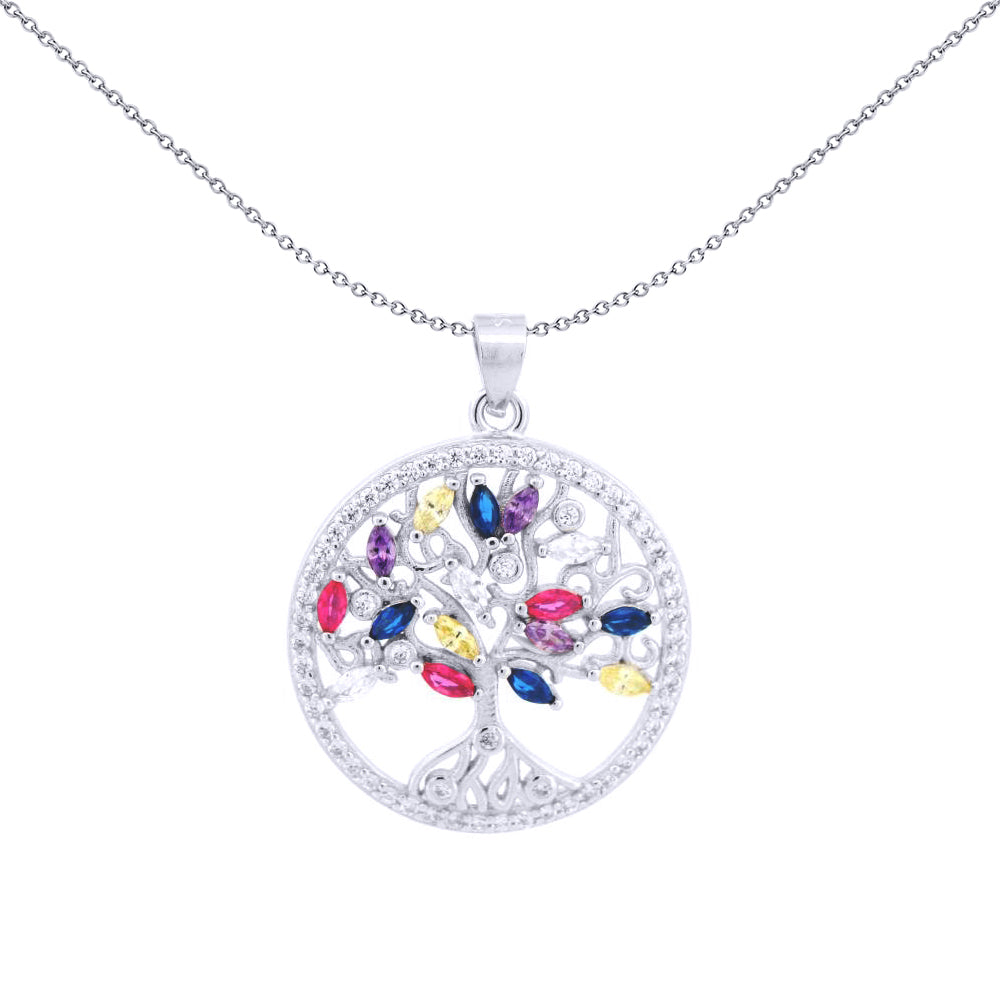 Silver  Rainbow Marquise CZ Circle Tree of Life Charm Pendant - APD225