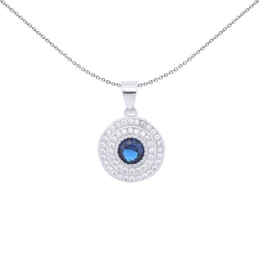 Silver  Blue CZ Double Halo Solitaire Bullseye Charm Pendant - APD226B