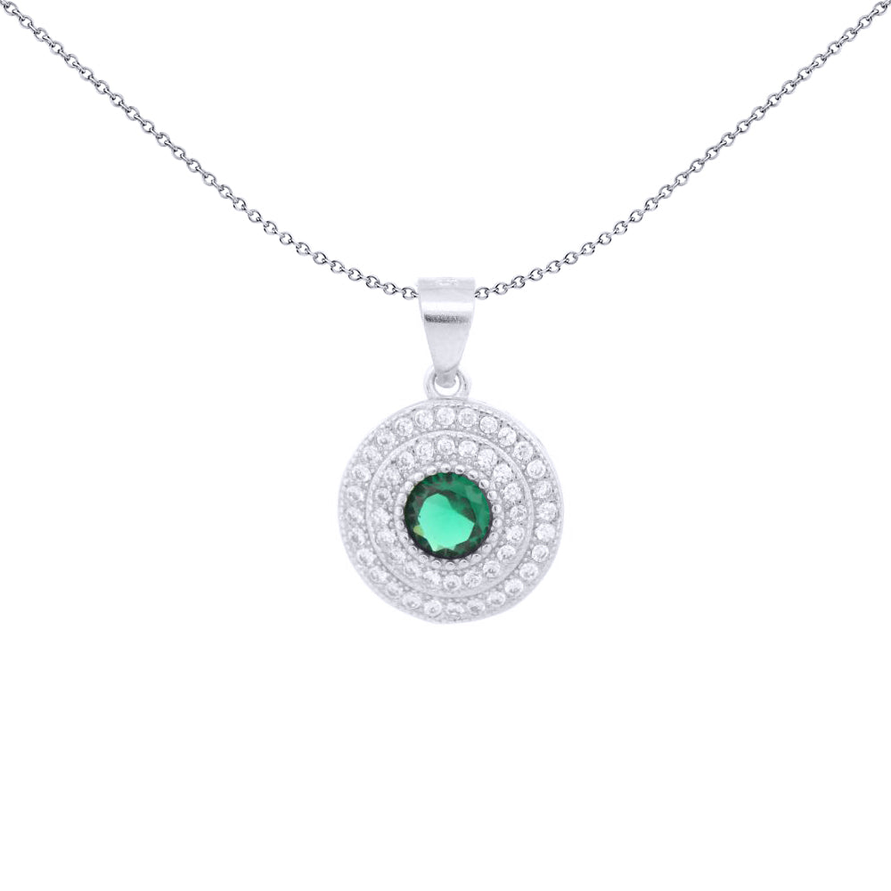 Silver  Green CZ Double Halo Solitaire Bullseye Charm Pendant - APD226G