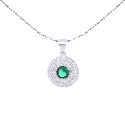 Silver  Green CZ Double Halo Solitaire Bullseye Charm Pendant - APD226G