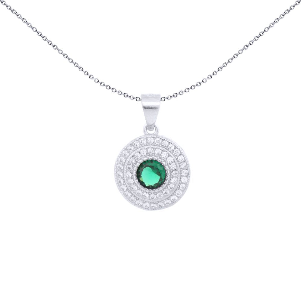 Silver  Green CZ Double Halo Solitaire Bullseye Charm Pendant - APD226G