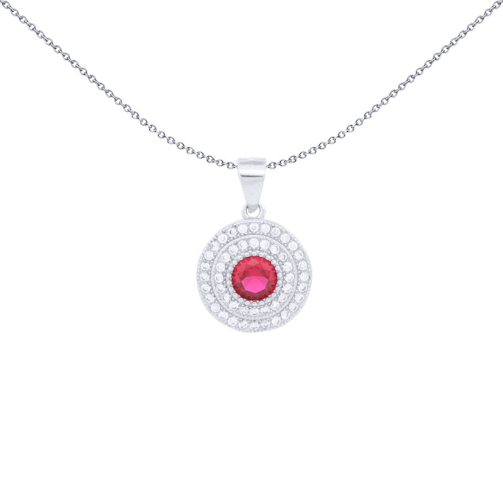 Silver  Red CZ Double Halo Solitaire Bullseye Charm Pendant - APD226R