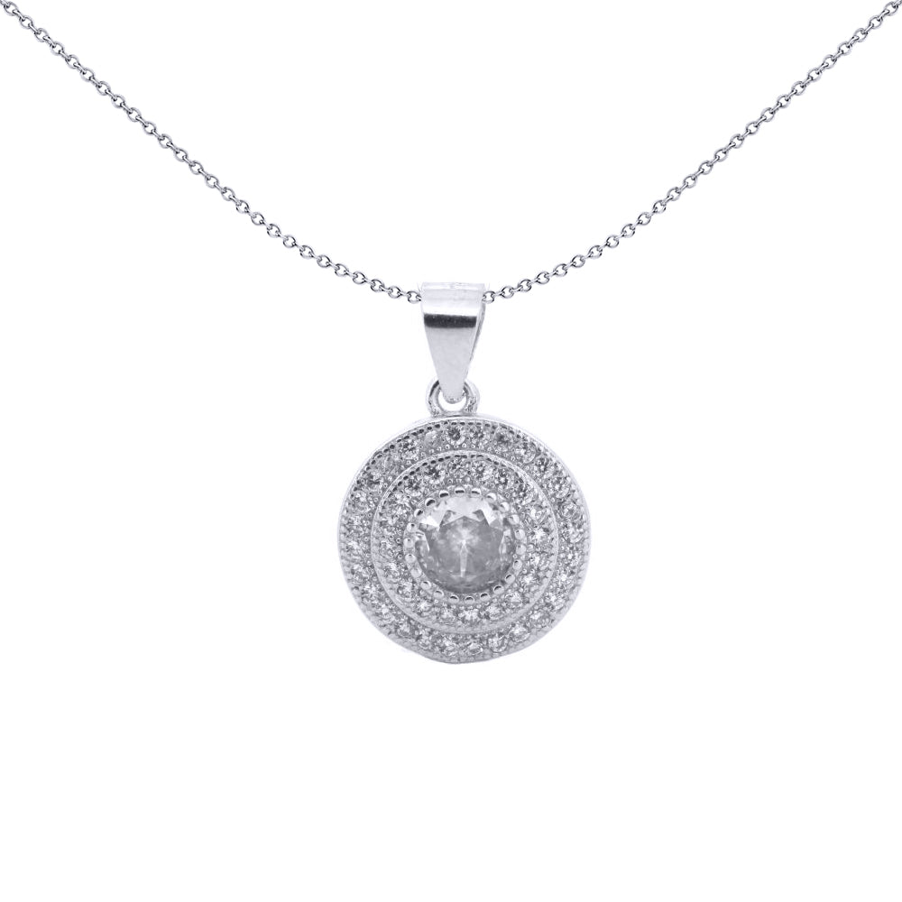 Silver  Round CZ Double Halo Solitaire Bullseye Charm Pendant - APD226W