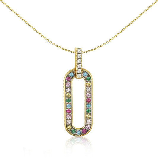 Gold-plated Silver  Rainbow CZ Paperclip Oval Halo Charm Pendant - APD228