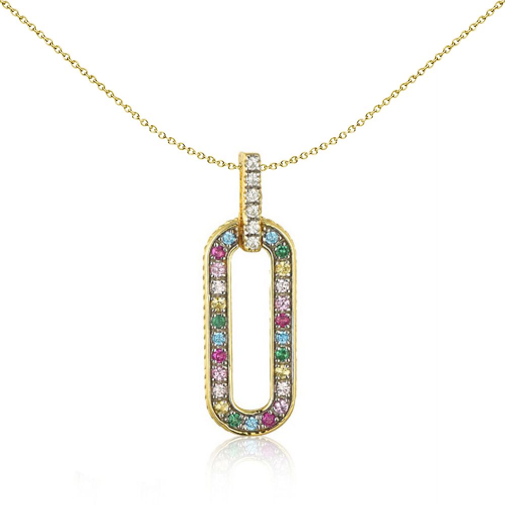Gold-plated Silver  Rainbow CZ Paperclip Oval Halo Charm Pendant - APD228