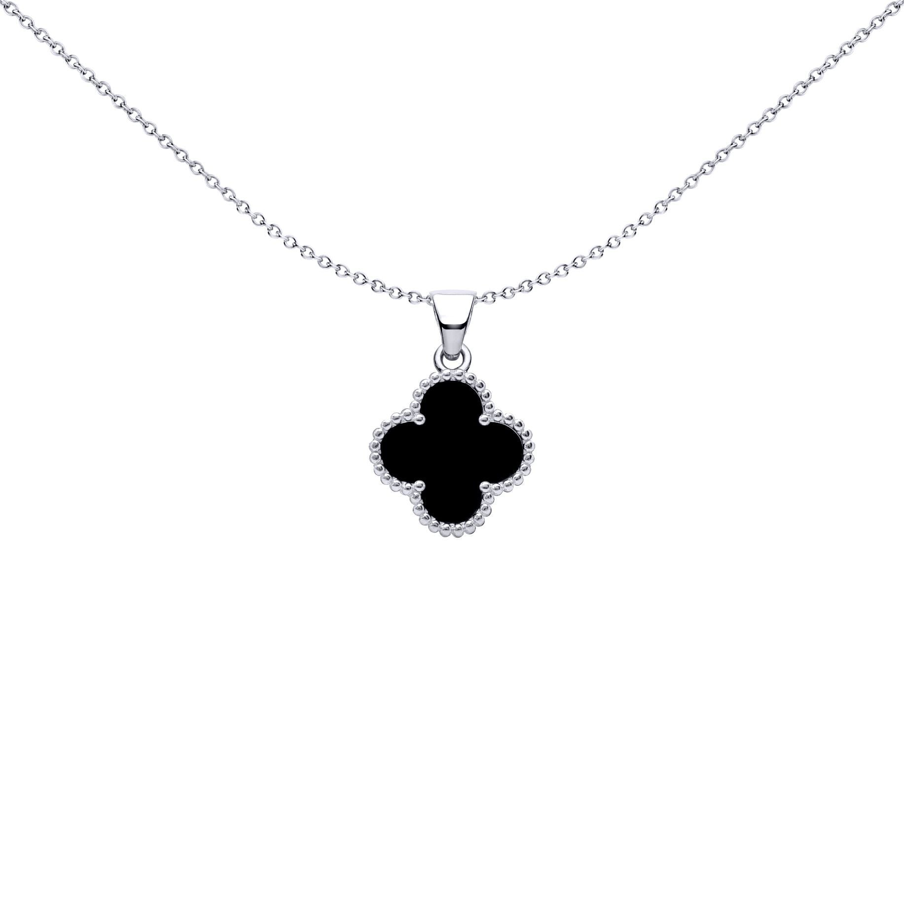 Silver Black Clover Onyx Lucky Clover Charm Pendant - APD229