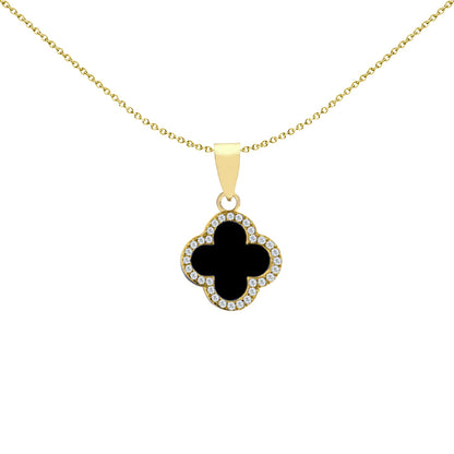 Gold-plated Silver Black Clover Onyx CZ Halo Lucky Charm Pendant - APD233-GP