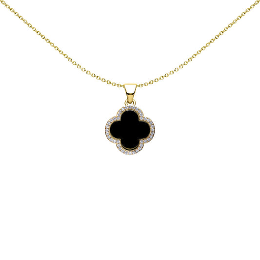 Gold-plated Silver Black Clover Onyx CZ Halo Lucky Charm Pendant - APD233-GP