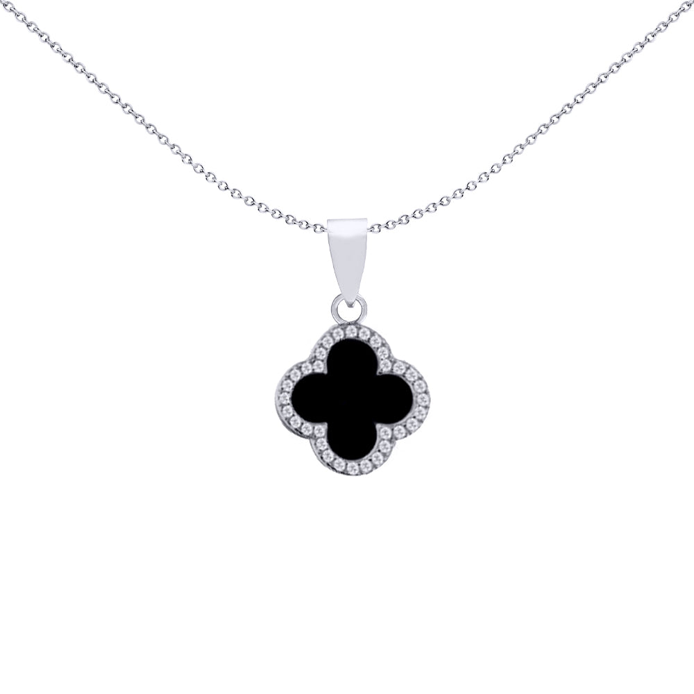 Silver Black Clover Onyx CZ Halo Lucky Charm Pendant - APD233