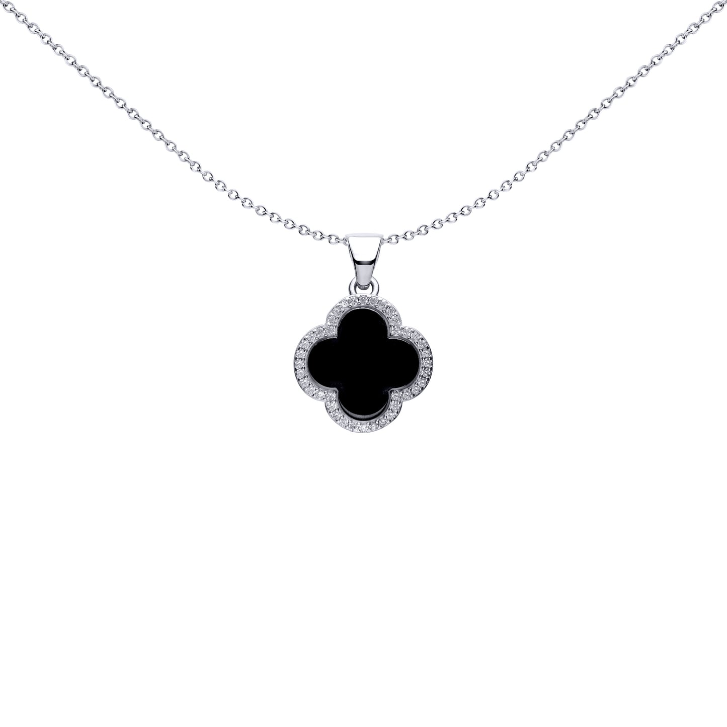 Silver Black Clover Onyx CZ Halo Lucky Charm Pendant - APD233