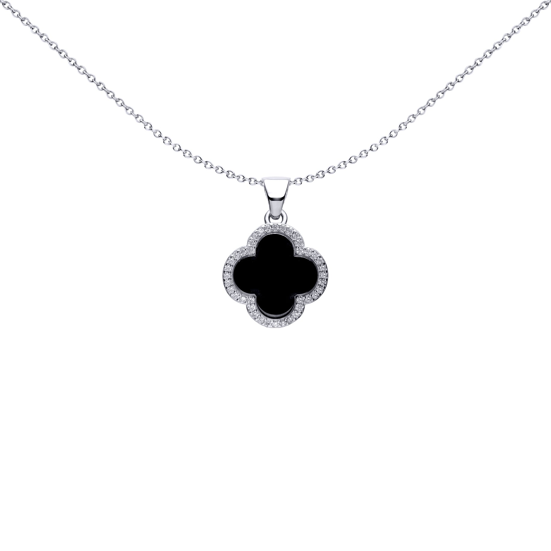 Silver Black Clover Onyx CZ Halo Lucky Charm Pendant - APD233