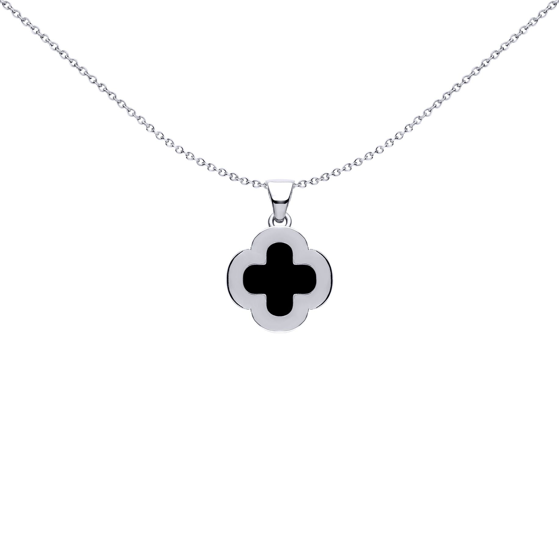 Silver Black Clover Onyx CZ Halo Lucky Charm Pendant - APD233