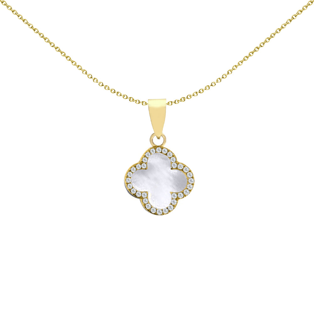 Gold-plated Silver Clover MOP CZ Halo Lucky Charm Pendant - APD234-GP