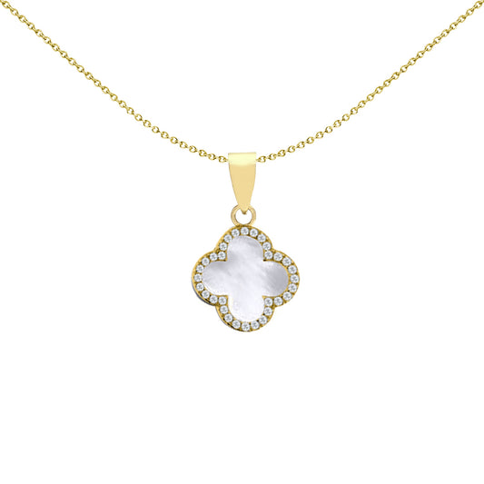 Gold-plated Silver Clover MOP CZ Halo Lucky Charm Pendant - APD234-GP