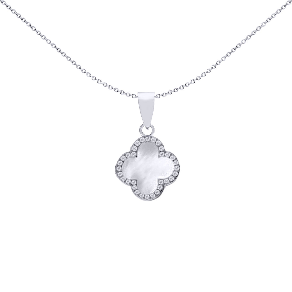 Silver Clover Mother of Pearl CZ Halo Lucky Charm Pendant - APD234