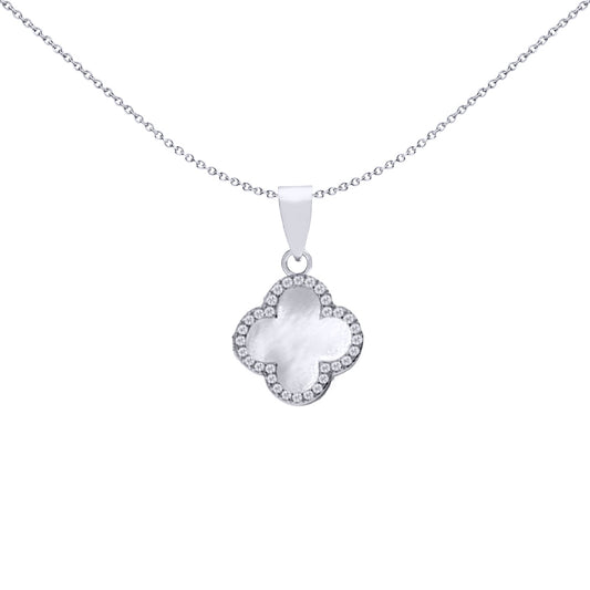 Silver Clover Mother of Pearl CZ Halo Lucky Charm Pendant - APD234