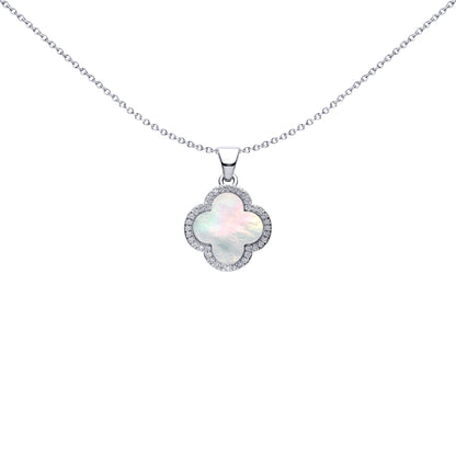 Silver Clover Mother of Pearl CZ Halo Lucky Charm Pendant - APD234
