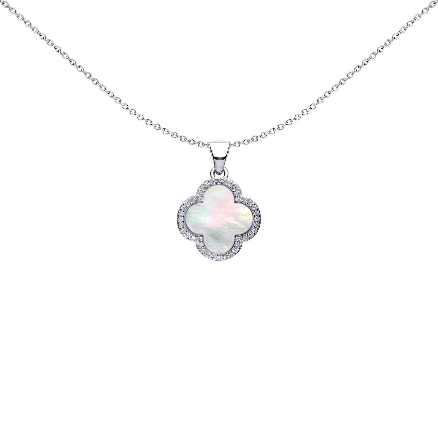 Silver Clover Mother of Pearl CZ Halo Lucky Charm Pendant - APD234