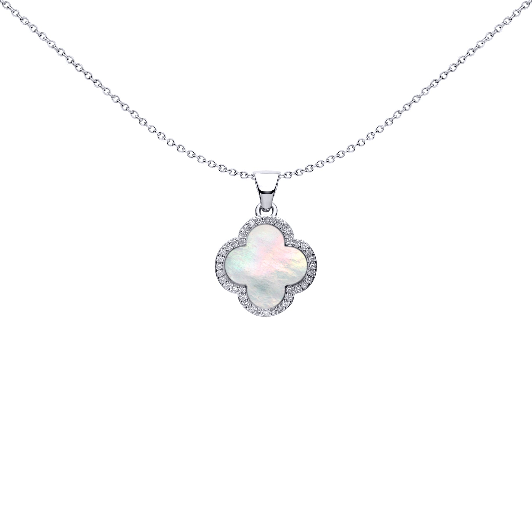 Silver Clover Mother of Pearl CZ Halo Lucky Charm Pendant - APD234