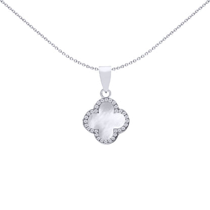 Silver Clover Mother of Pearl CZ Halo Lucky Charm Pendant - APD234