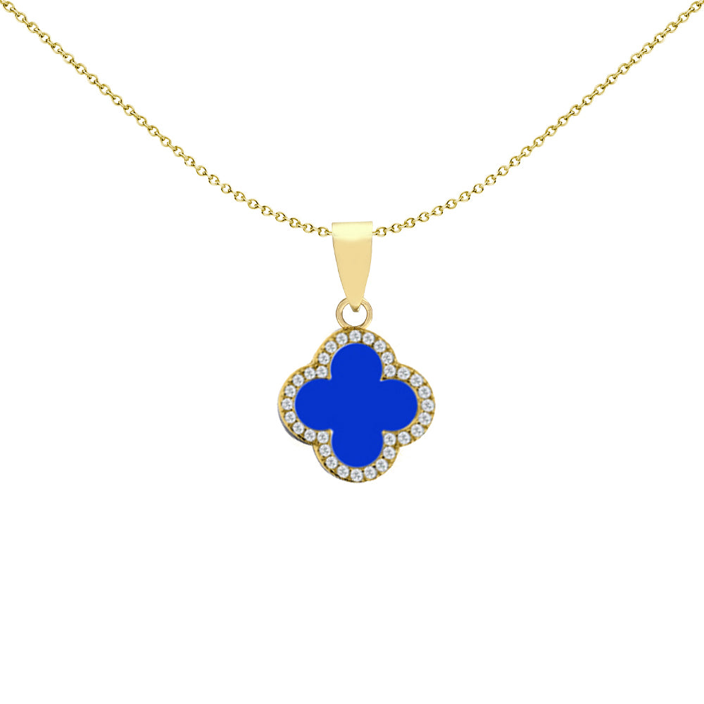 Gold-plated Silver Blue Clover Agate CZ Halo Lucky Charm Pendant - APD235-GP