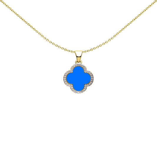 Gold-plated Silver Blue Clover Agate CZ Halo Lucky Charm Pendant - APD235-GP