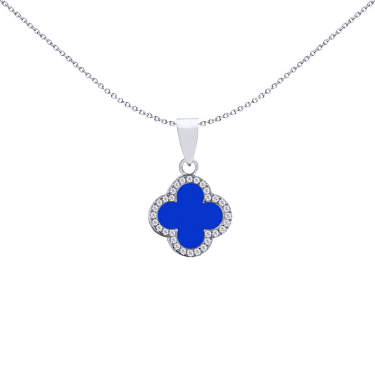 Silver Blue Clover Agate CZ Halo Lucky Charm Pendant - APD235