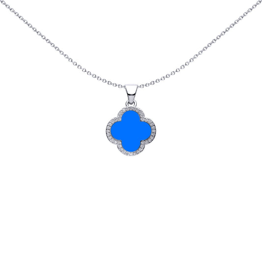 Silver Blue Clover Agate CZ Halo Lucky Charm Pendant - APD235