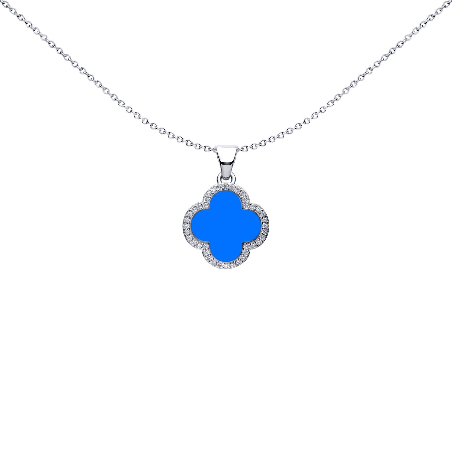 Silver Blue Clover Agate CZ Halo Lucky Charm Pendant - APD235