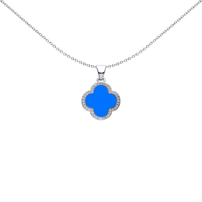 Silver Blue Clover Agate CZ Halo Lucky Charm Pendant - APD235