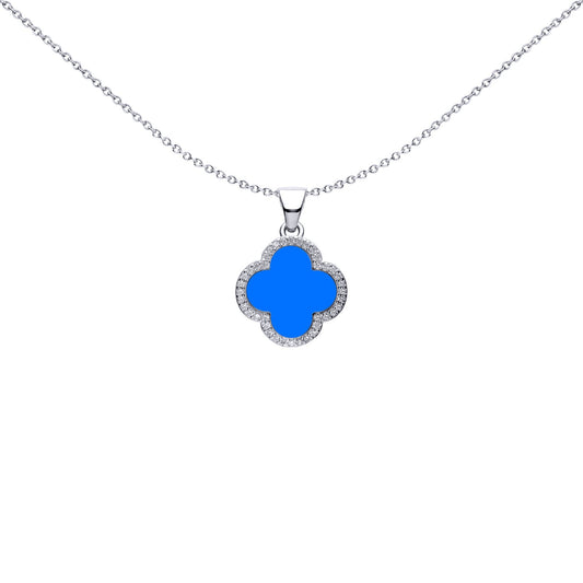 Silver Blue Clover Agate CZ Halo Lucky Charm Pendant - APD235