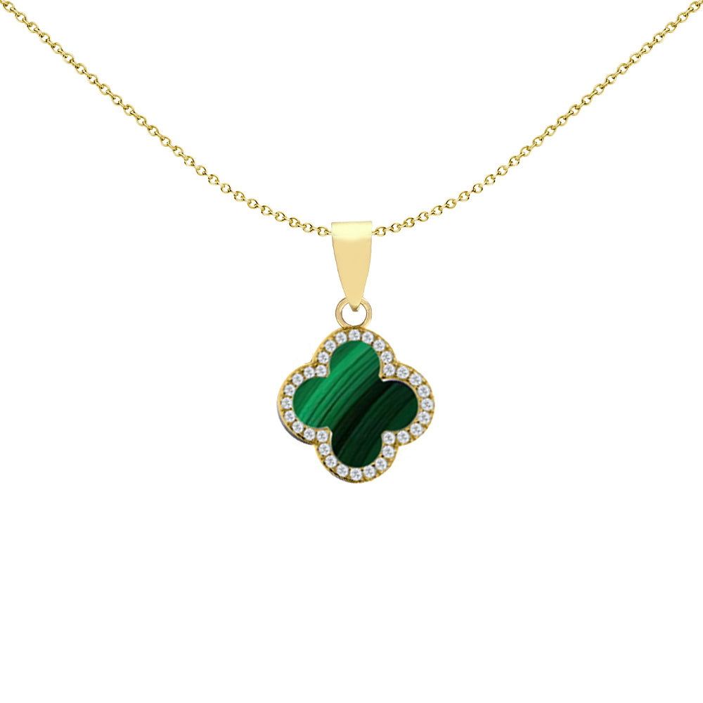 Gold-plated Silver Clover Malachite CZ Halo Lucky Charm Pendant - APD236-GP