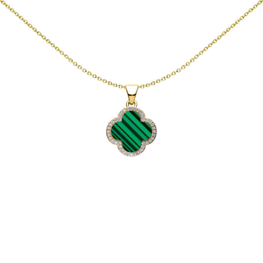 Gold-plated Silver Clover Malachite CZ Halo Lucky Charm Pendant - APD236-GP
