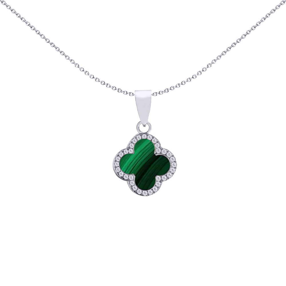 Silver Green Clover Malachite CZ Halo Lucky Charm Pendant - APD236