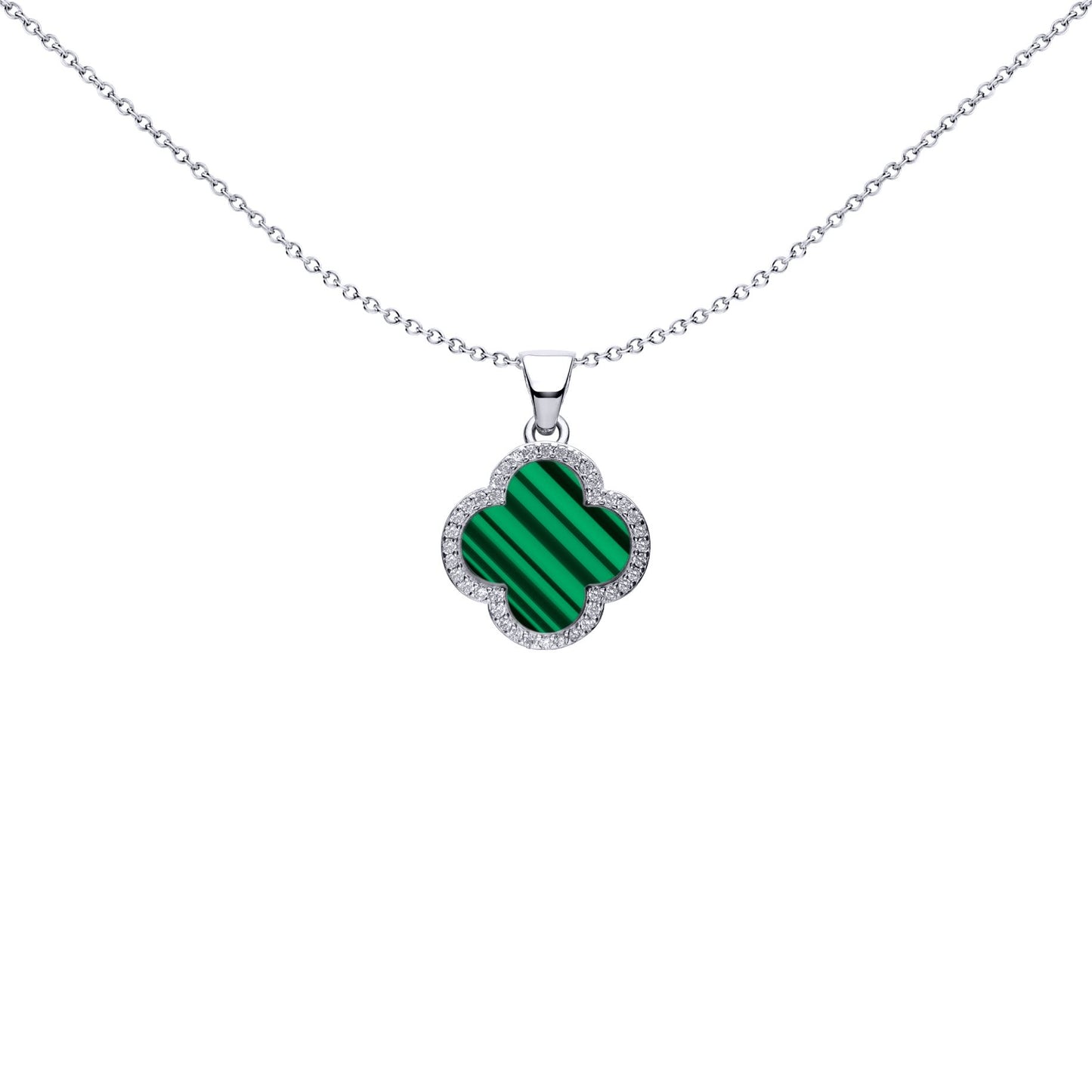 Silver Green Clover Malachite CZ Halo Lucky Charm Pendant - APD236