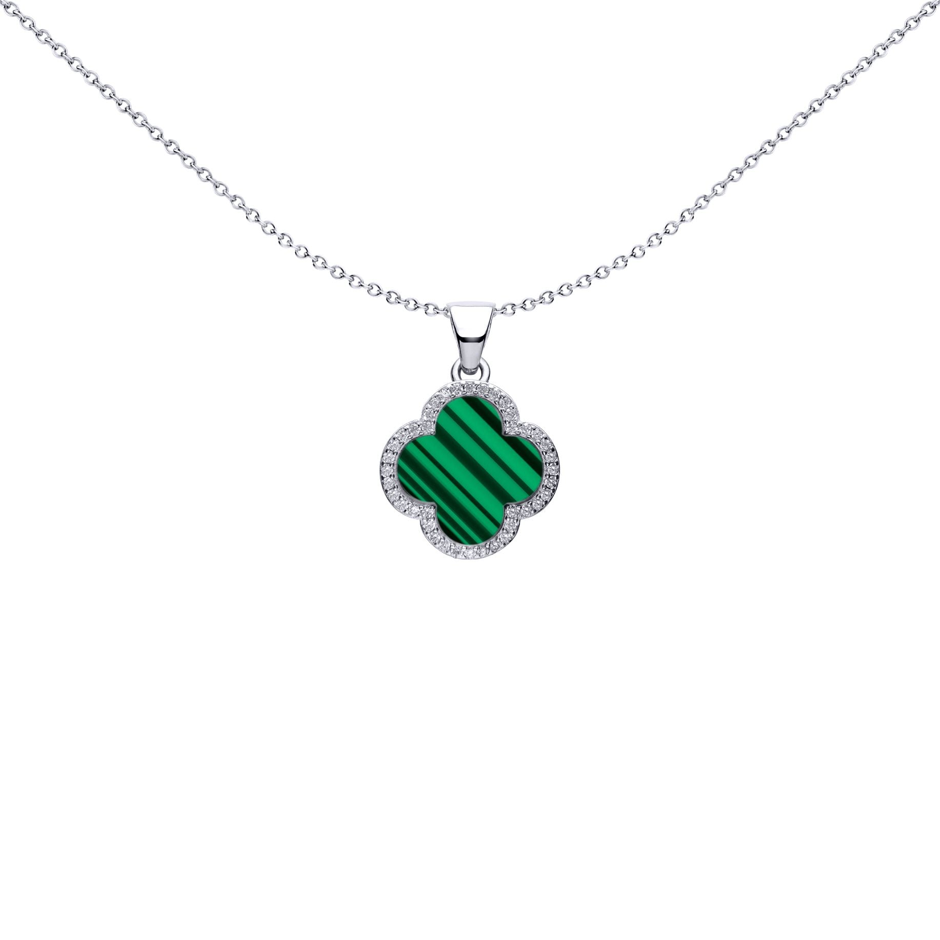 Silver Green Clover Malachite CZ Halo Lucky Charm Pendant - APD236
