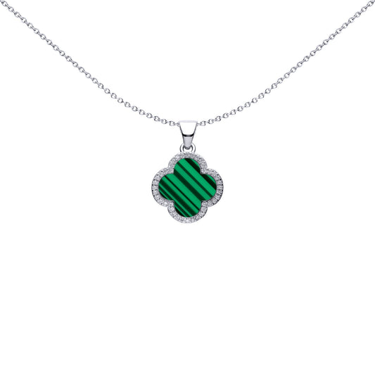 Silver Green Clover Malachite CZ Halo Lucky Charm Pendant - APD236