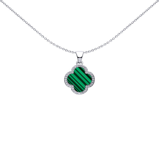 Silver Green Clover Malachite CZ Halo Lucky Charm Pendant - APD236