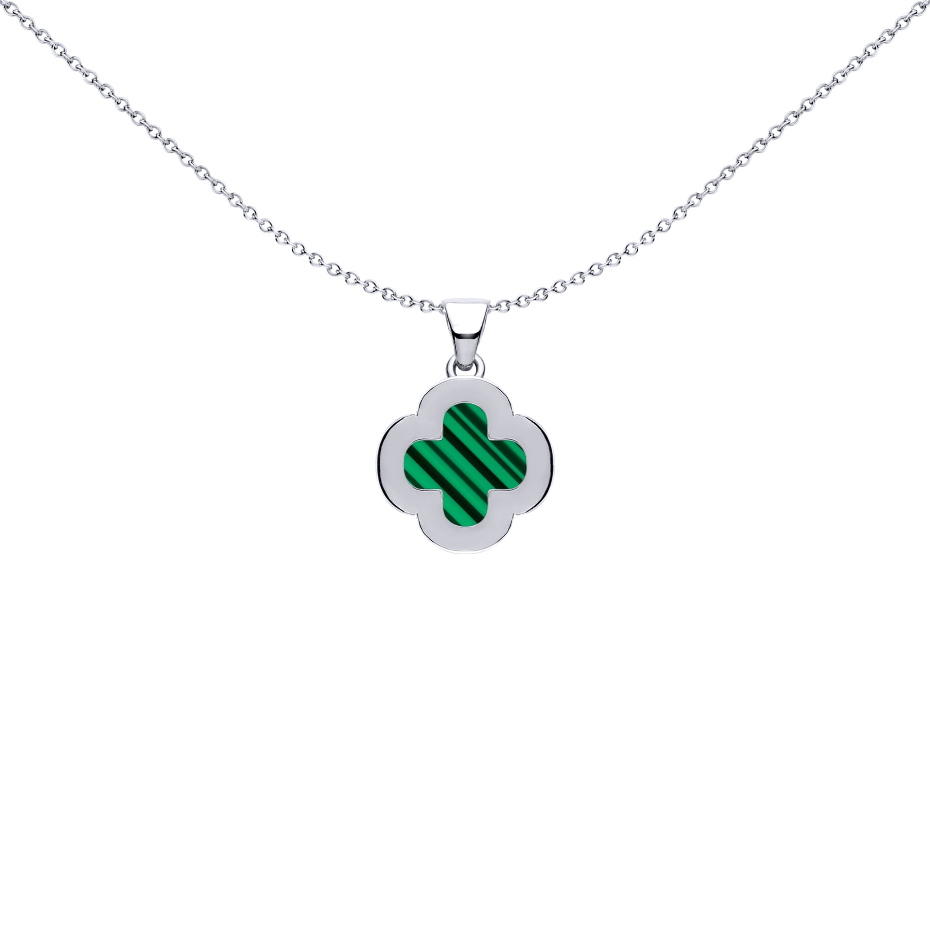 Silver Green Clover Malachite CZ Halo Lucky Charm Pendant - APD236