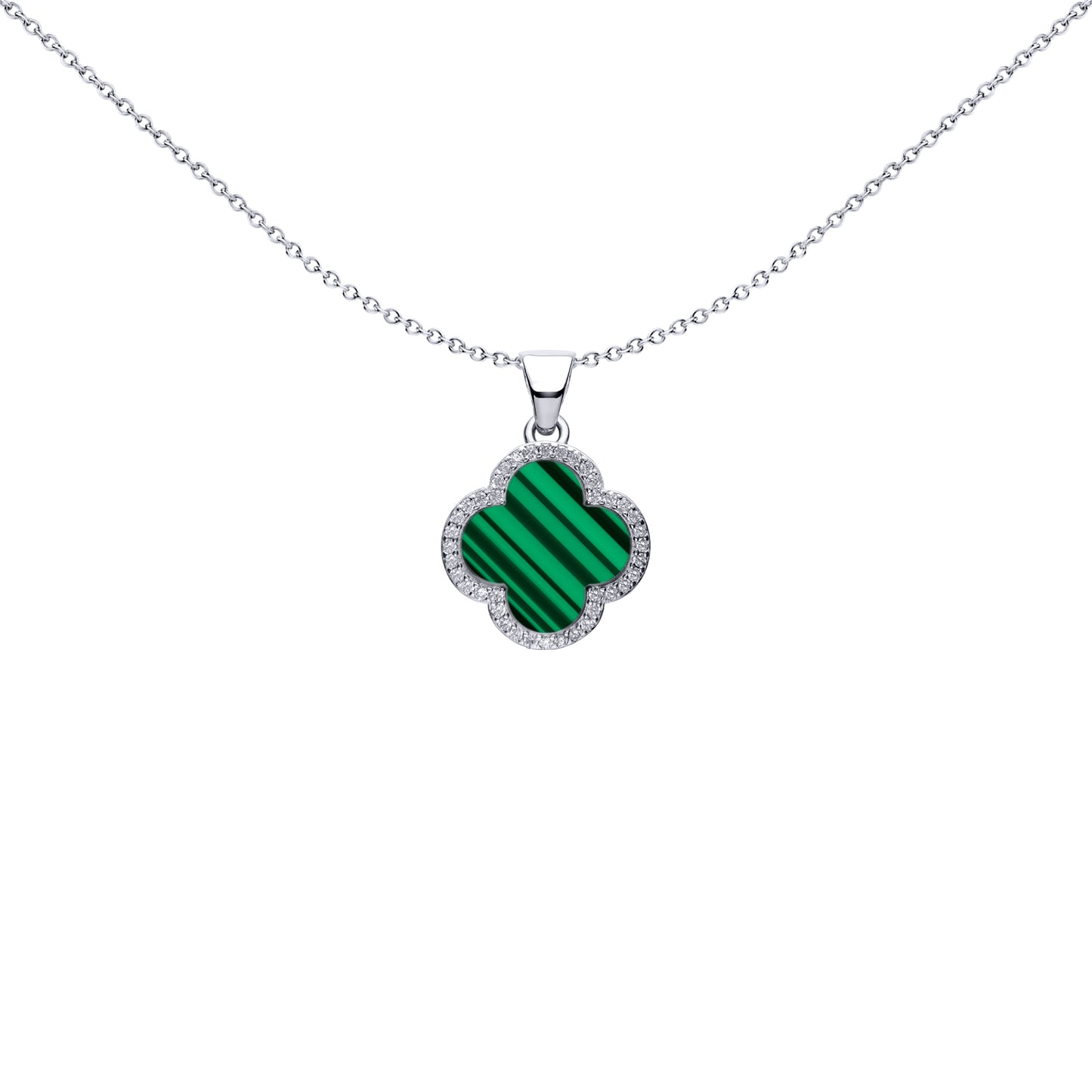 Silver Green Clover Malachite CZ Halo Lucky Charm Pendant - APD236