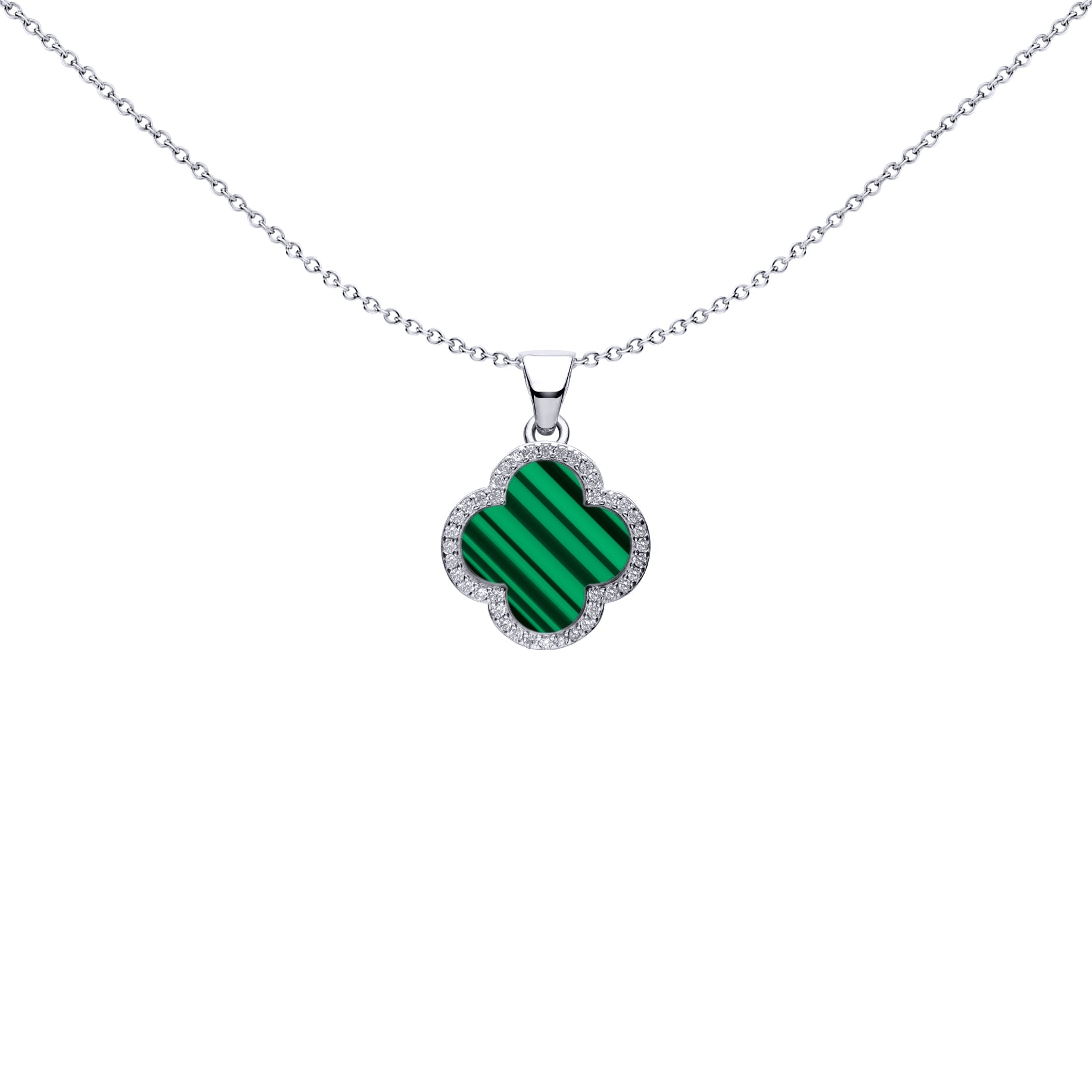 Silver Green Clover Malachite CZ Halo Lucky Charm Pendant - APD236