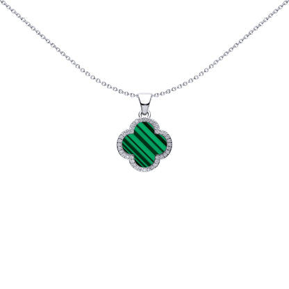 Silver Green Clover Malachite CZ Halo Lucky Charm Pendant - APD236