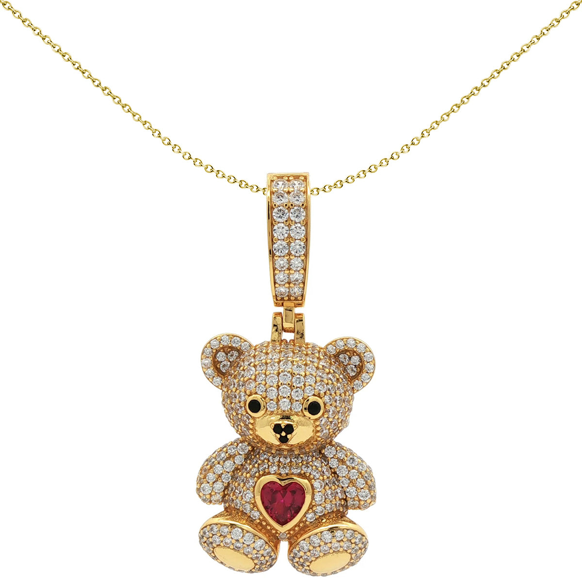 14k Gold-plated Silver  CZ Red Heart Cute Iced Teddy Bear Pendant - APD237-GP