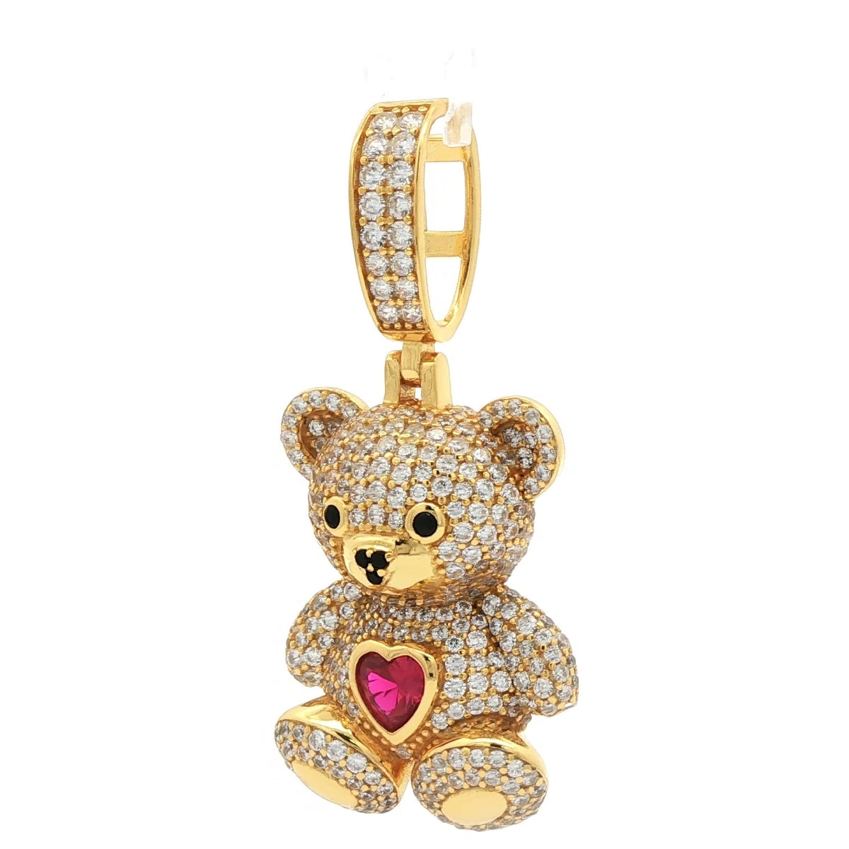 14k Gold-plated Silver  CZ Red Heart Cute Iced Teddy Bear Pendant - APD237-GP