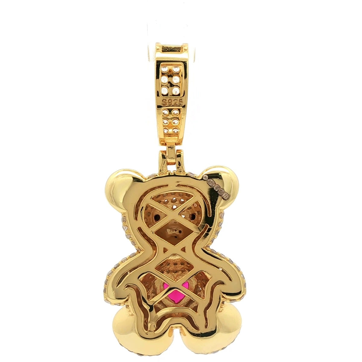 14k Gold-plated Silver  CZ Red Heart Cute Iced Teddy Bear Pendant - APD237-GP