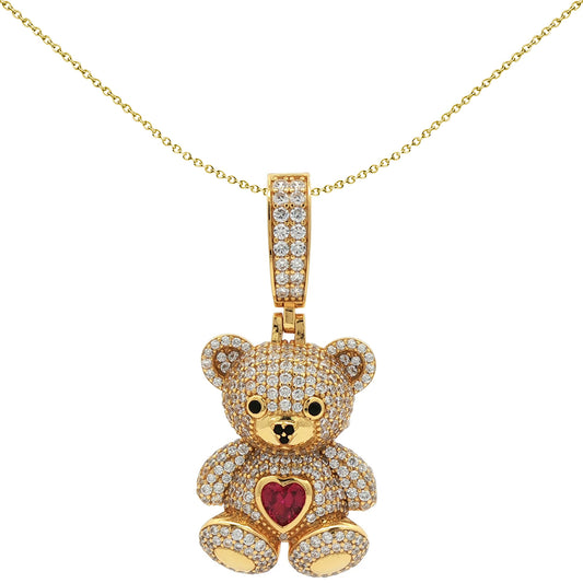 14k Gold-plated Silver  CZ Red Heart Cute Iced Teddy Bear Pendant - APD237-GP